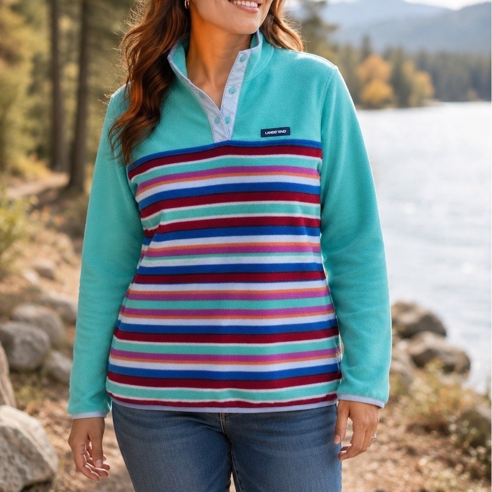 Lands End Fleece Pullover Womens M 10-12 Teal Striped Excellent Snap Neck Pocket